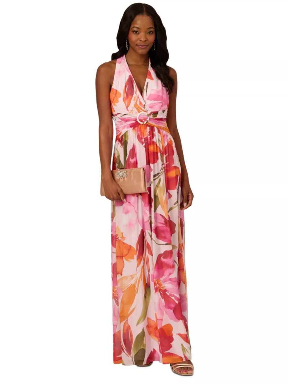 Adrianna Papell Women's Floral Chiffon V-Neck Gown Pink Orange Multi